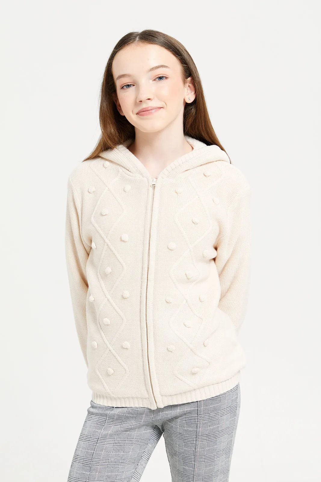 Senior Girls White Hooded Cardigan With Sherpa Lining