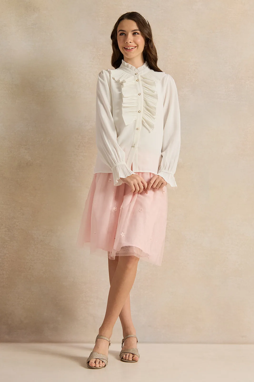 Senior Girls White Pleated Ruffled Front Blouse