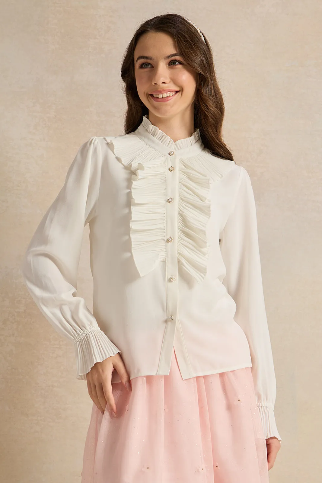 Senior Girls White Pleated Ruffled Front Blouse