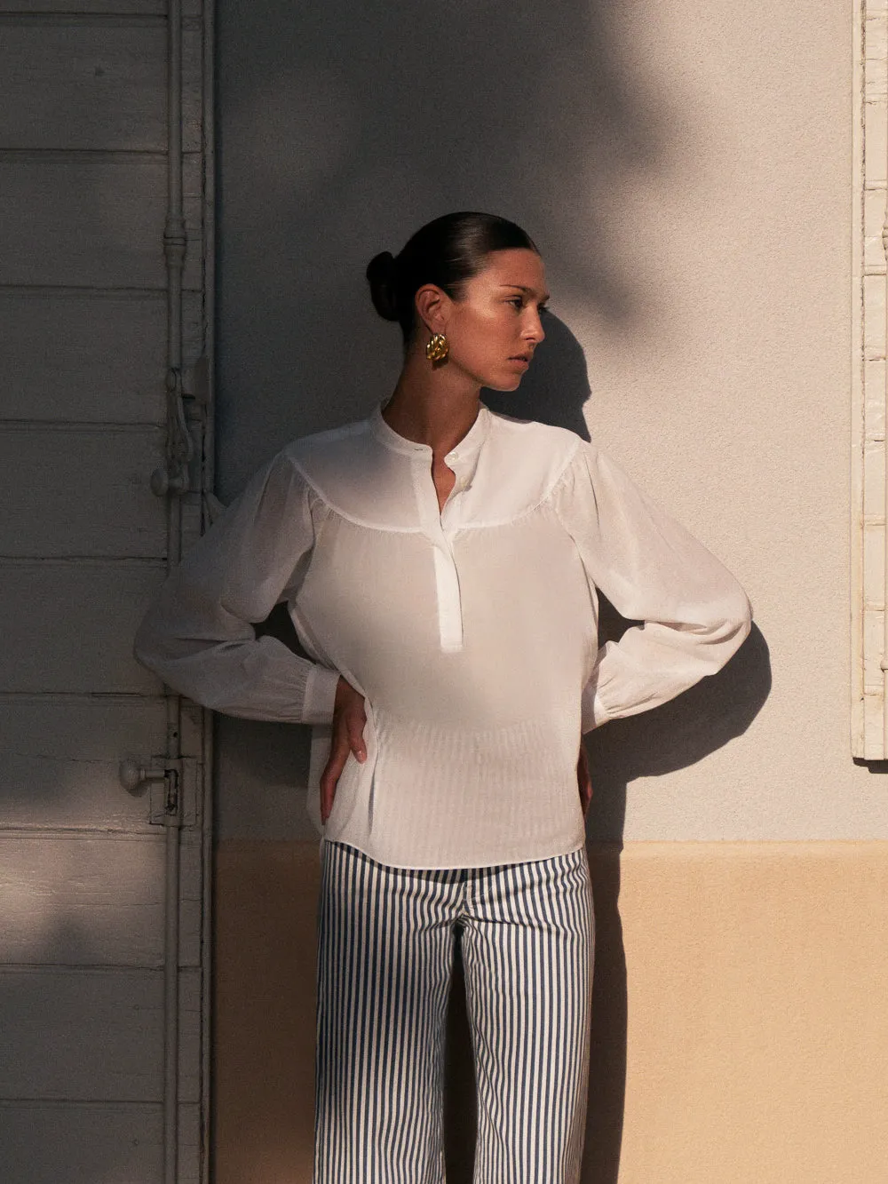 Shirred Popover Blouse -- White