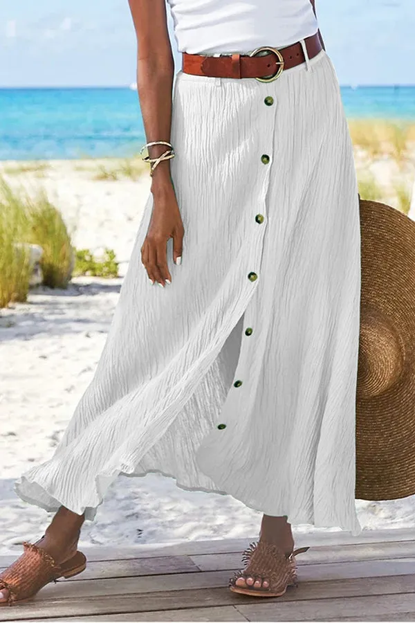 Soft Breeze Linen Blend Front Button Down Midi Skirt