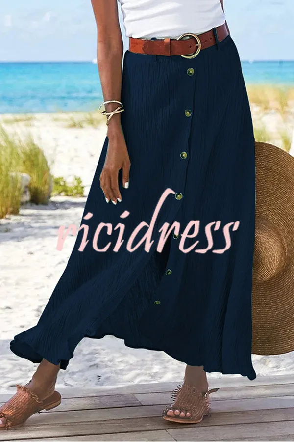 Soft Breeze Linen Blend Front Button Down Midi Skirt