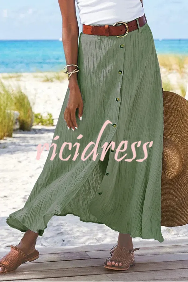 Soft Breeze Linen Blend Front Button Down Midi Skirt