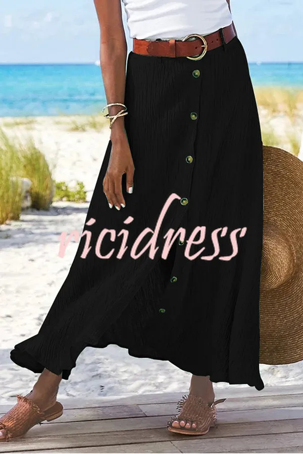 Soft Breeze Linen Blend Front Button Down Midi Skirt