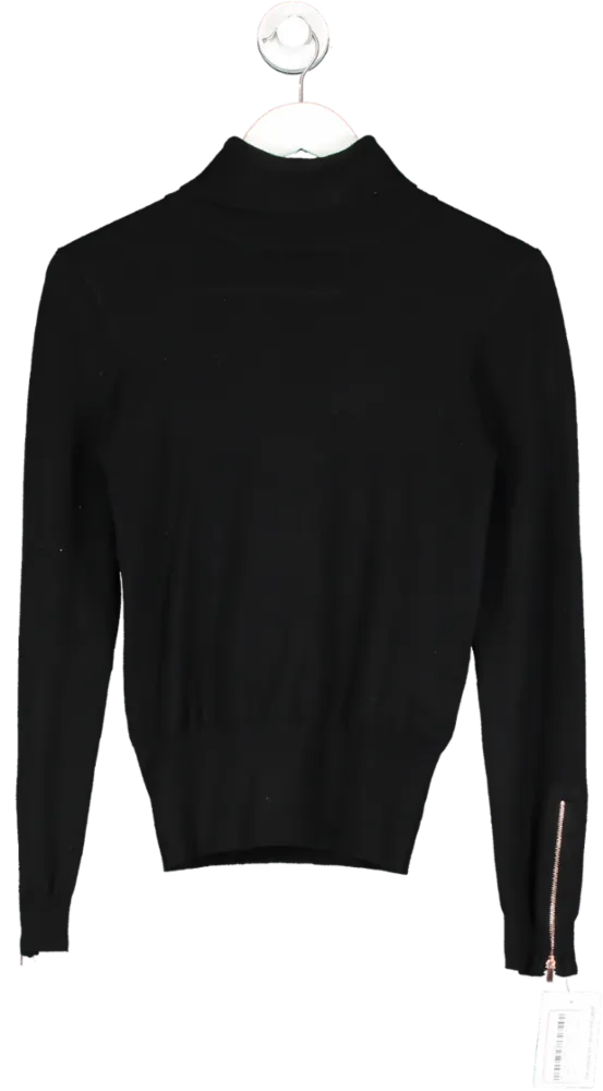 SOSANDAR Black Roll Neck Rose Gold Zip Detail Jumper UK 6