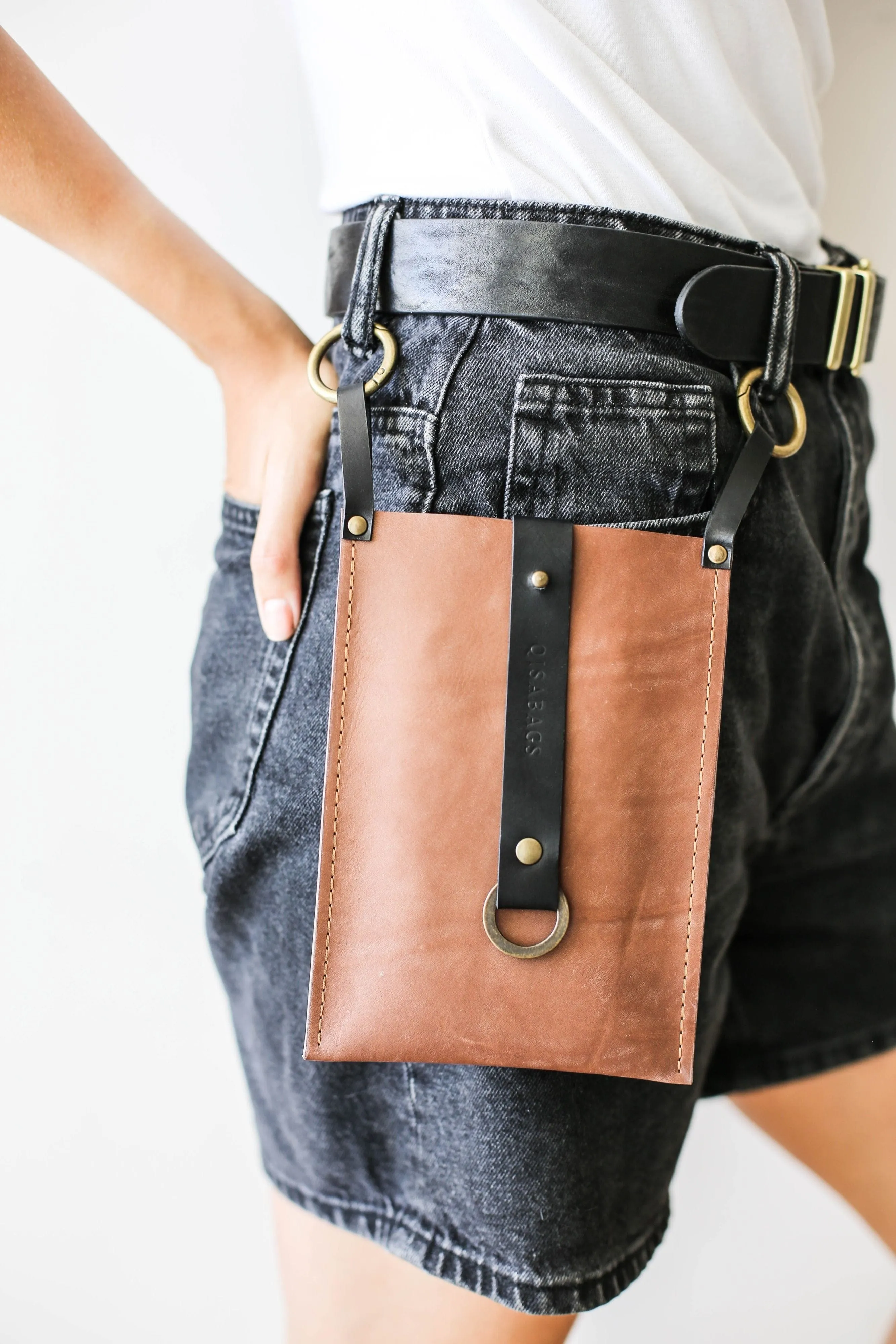 Taupe w/Black Leather Phone Bag