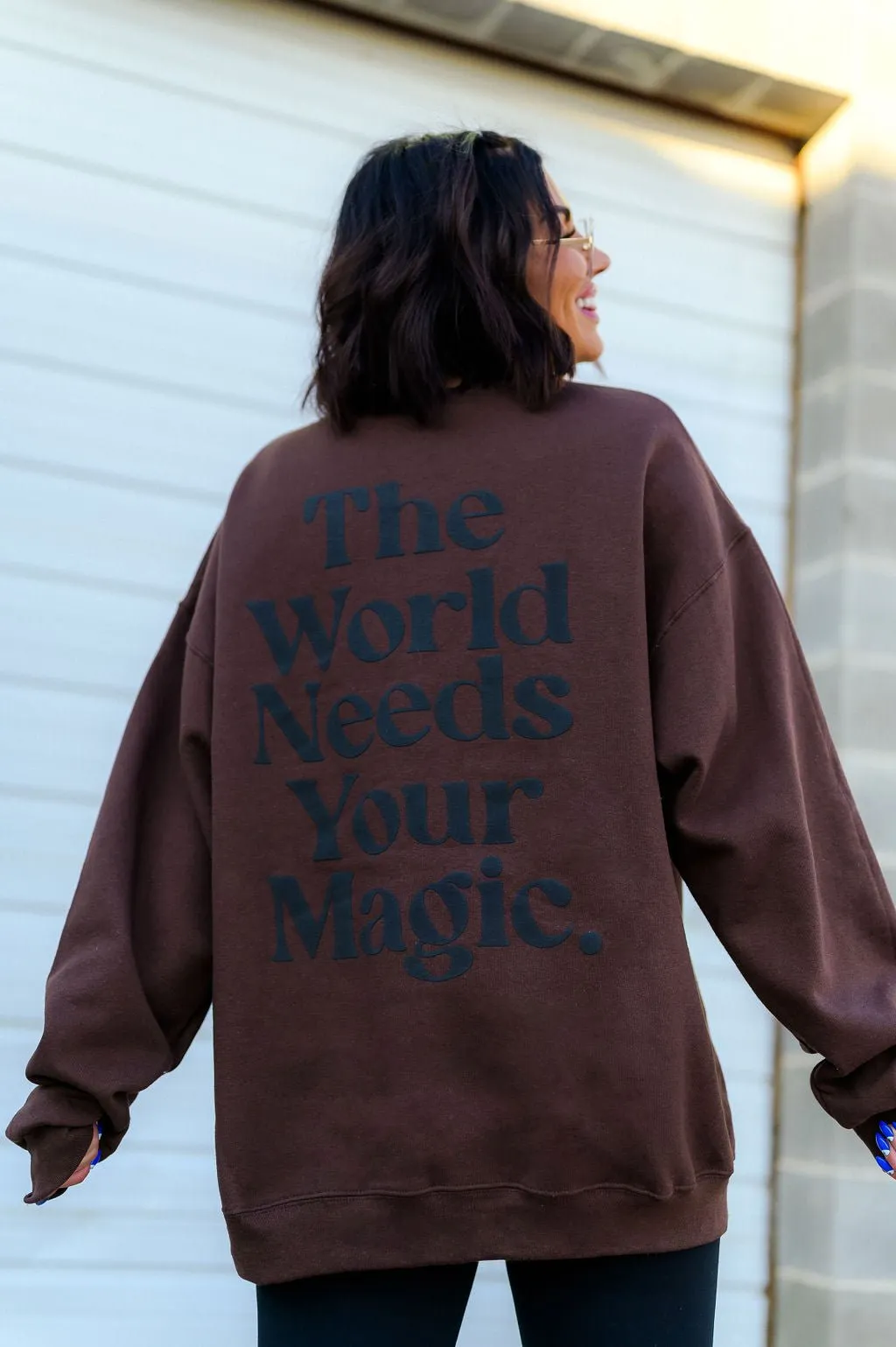 The World Needs Your Magic Puff Print Pullover in Mocha   Black