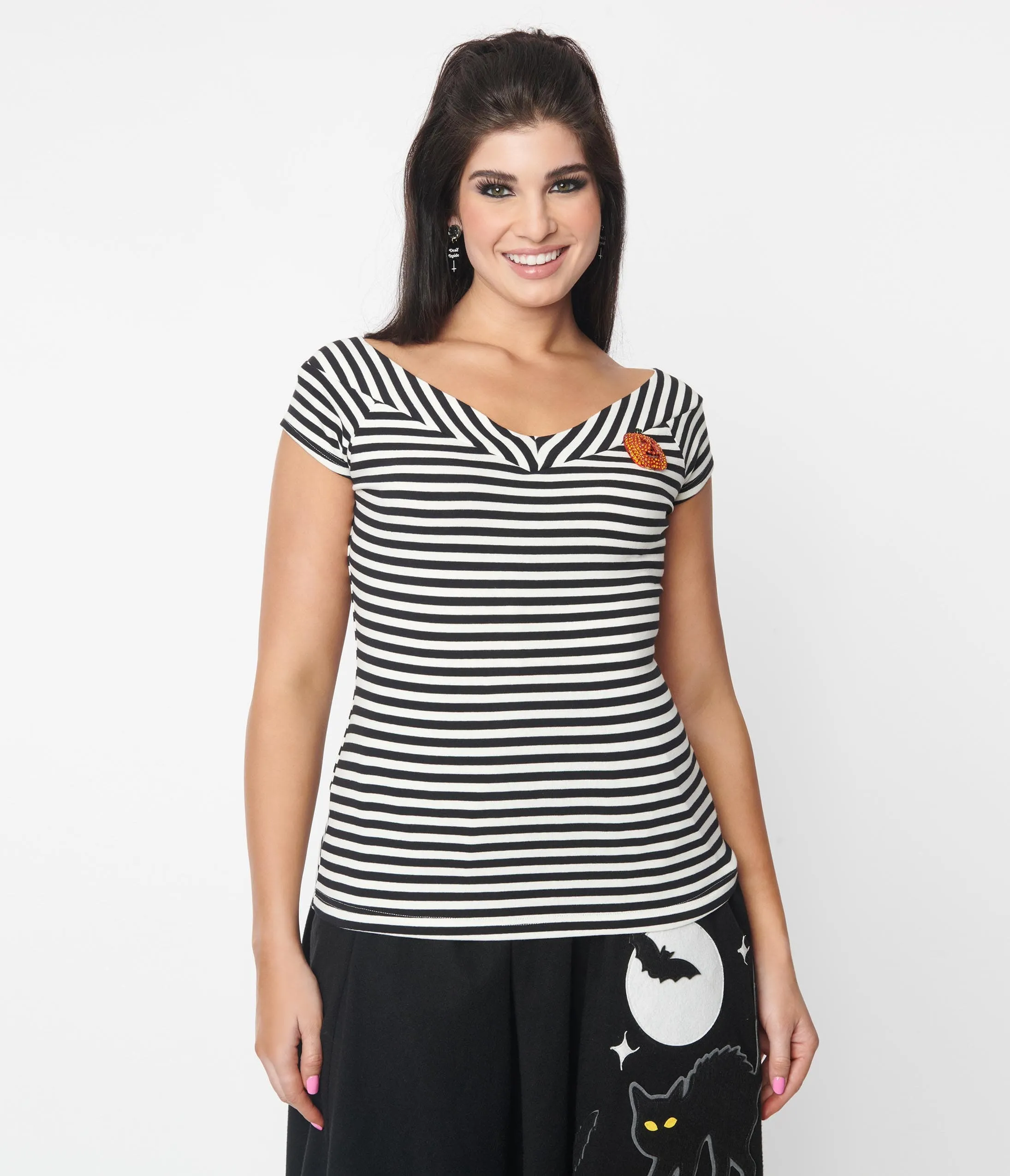 Unique Vintage Black & White Stripe Pumpkin Brooch Deena Top