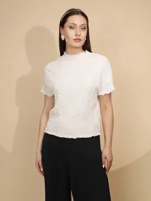 White Polycotton Regular Fit Blouson Top For Women