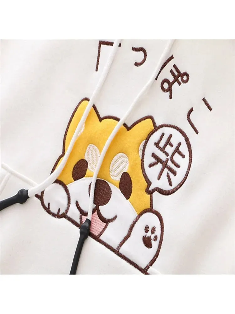 Women Cartoon Dog Embroidery Harajuku Hoodies Sweatshirts 2020 Winter Patchwork Hooded Plus Velvet Pullovers