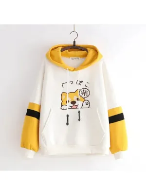 Women Cartoon Dog Embroidery Harajuku Hoodies Sweatshirts 2020 Winter Patchwork Hooded Plus Velvet Pullovers