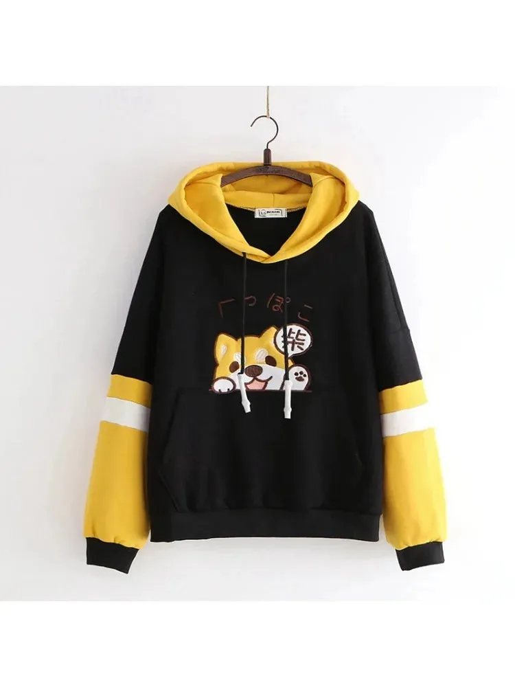 Women Cartoon Dog Embroidery Harajuku Hoodies Sweatshirts 2020 Winter Patchwork Hooded Plus Velvet Pullovers