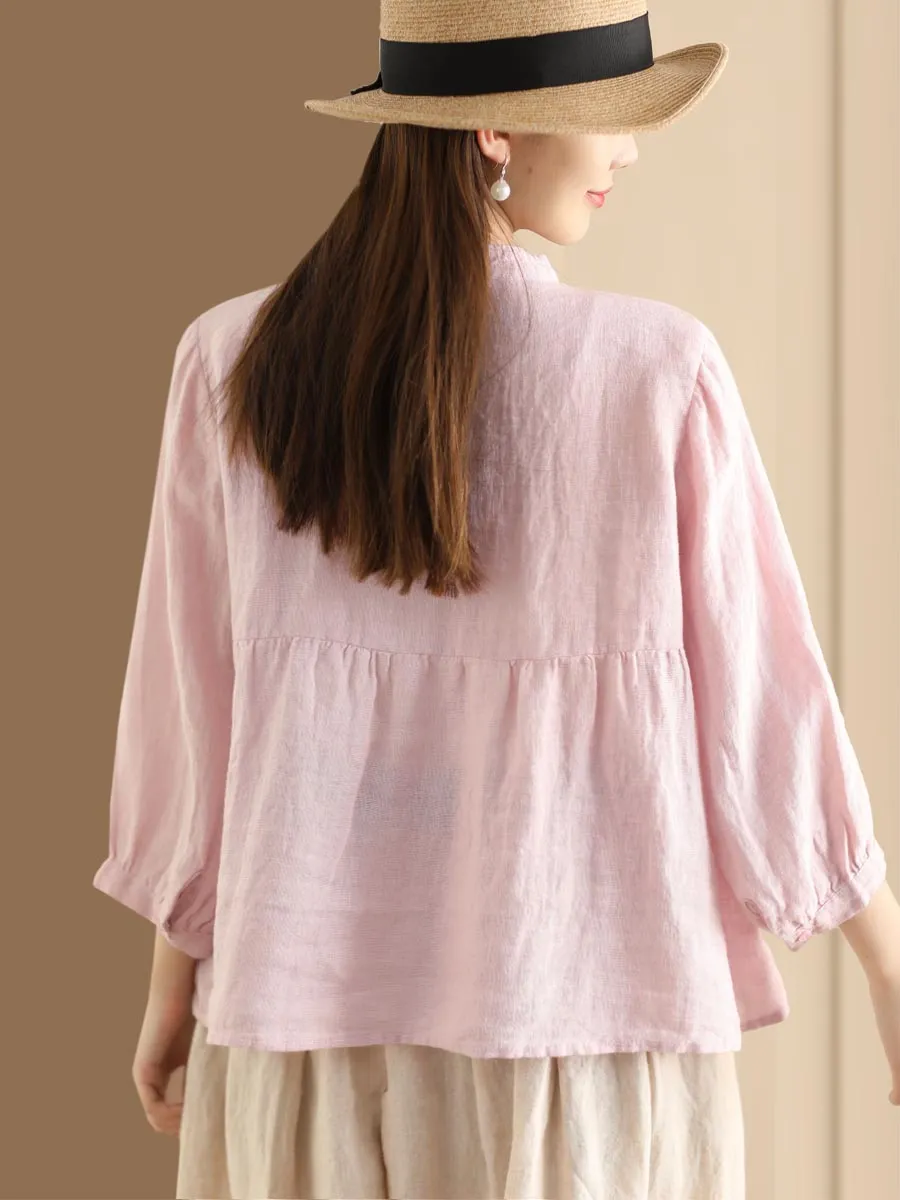 Women Retro Solid Spring Pullover Linen Shirt KL1030