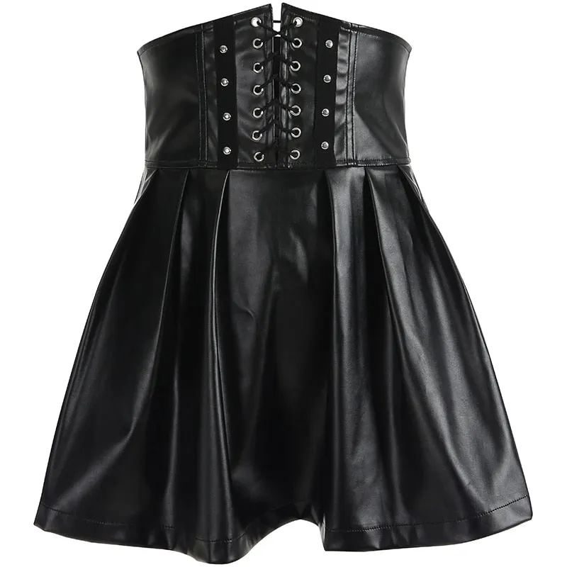 Women's Skirts Bandage Faux Leather Black Mini Pleated Skirts